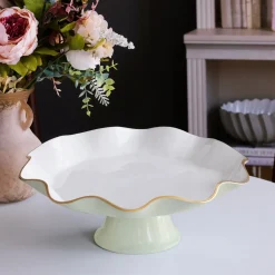 New ENCANTO Carola Pedestal Cake Plate (Pistachio and White) Cake Plates|Enameled Color Metal