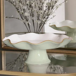 New ENCANTO Carola Pedestal Cake Plate (Pistachio and White) Cake Plates|Enameled Color Metal
