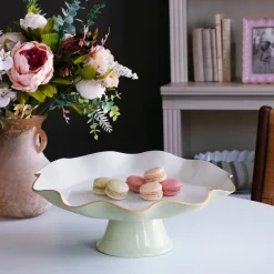 New ENCANTO Carola Pedestal Cake Plate (Pistachio and White) Cake Plates|Enameled Color Metal