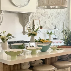 New ENCANTO Carola Pedestal Cake Plate (Pistachio and White) Cake Plates|Enameled Color Metal