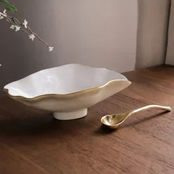 New ENCANTO Claire Small Oval Bowl with Spoon (Cream, White and Gold) Bowls|Gifts Under $99