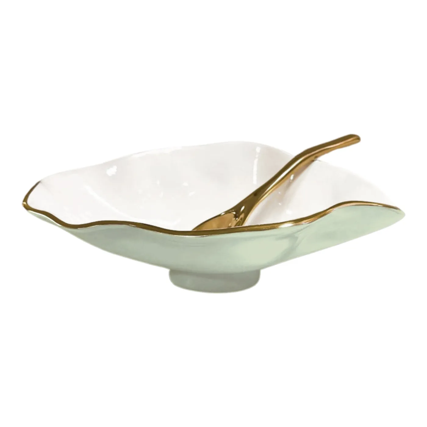Best ENCANTO Claire Small Oval Bowl with Spoon (Pistachio, White and Gold) Bowls|Gifts Under $99
