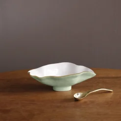 Best ENCANTO Claire Small Oval Bowl with Spoon (Pistachio, White and Gold) Bowls|Gifts Under $99