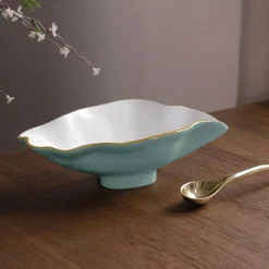 Outlet ENCANTO Claire Small Oval Bowl with Spoon (Turquoise, White and Gold) Bowls|Enameled Color Metal