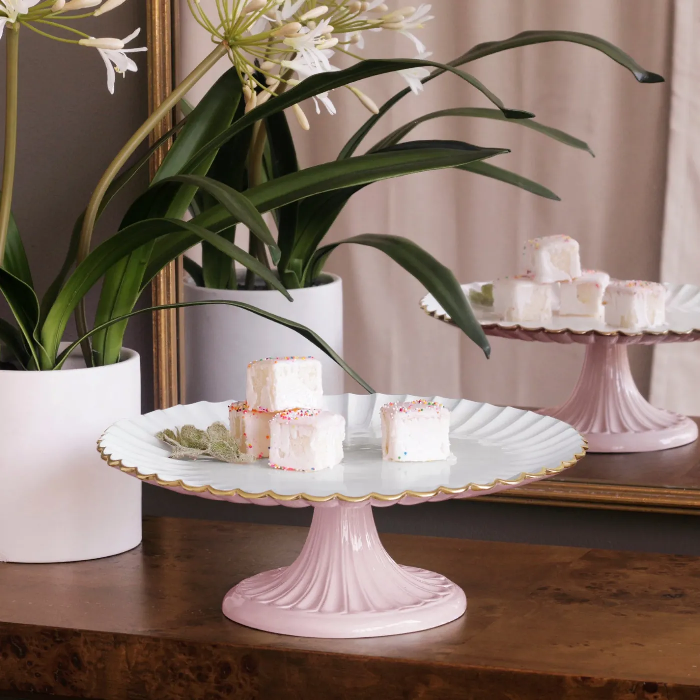 ENCANTO Vienna Pedestal Cake Plate Camellia and White Cake Plates|Enameled Color Metal