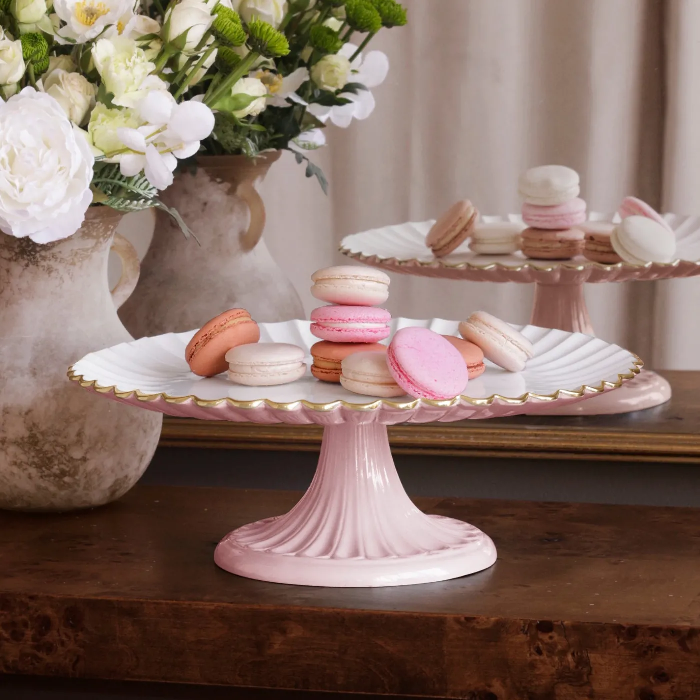 ENCANTO Vienna Pedestal Cake Plate Camellia and White Cake Plates|Enameled Color Metal