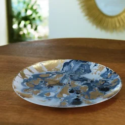 Discount GLASS New Orleans Large Round Painted Platter (Blue & Gold) GLASS New Orleans|View All Glass