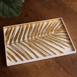 Sale INDOCHINE Large Lacquered Palm Tray White and Gold Indochine|Trays
