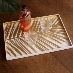 Sale INDOCHINE Large Lacquered Palm Tray White and Gold Indochine|Trays