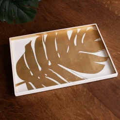 Discount INDOCHINE Large Lacquered PhilodendronTray White and Gold Indochine|Trays