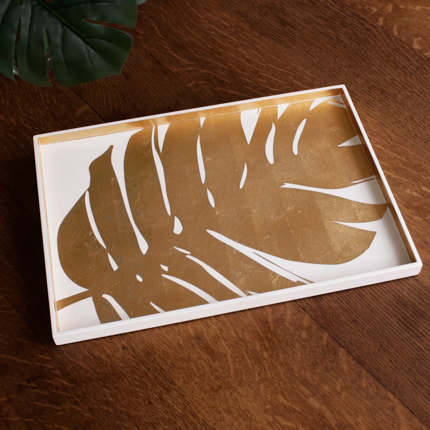 Discount INDOCHINE Large Lacquered PhilodendronTray White and Gold Indochine|Trays