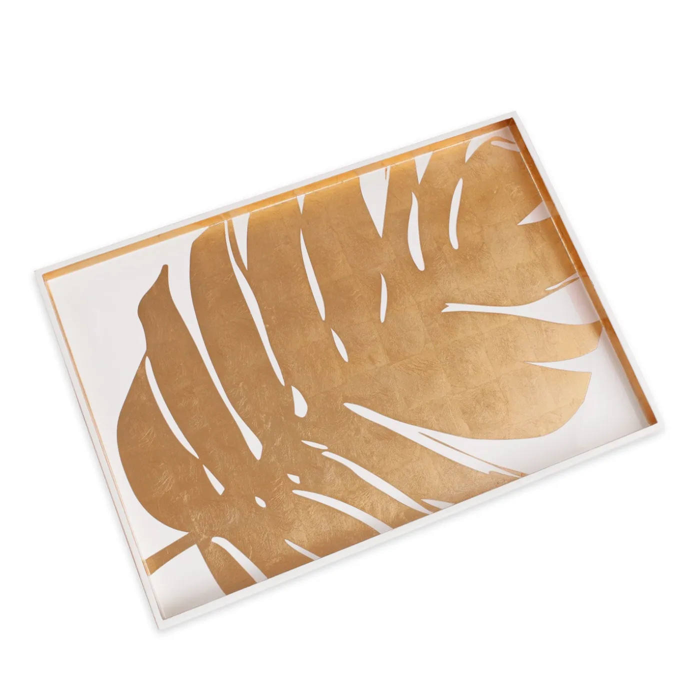 Discount INDOCHINE Large Lacquered PhilodendronTray White and Gold Indochine|Trays