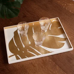 Discount INDOCHINE Large Lacquered PhilodendronTray White and Gold Indochine|Trays