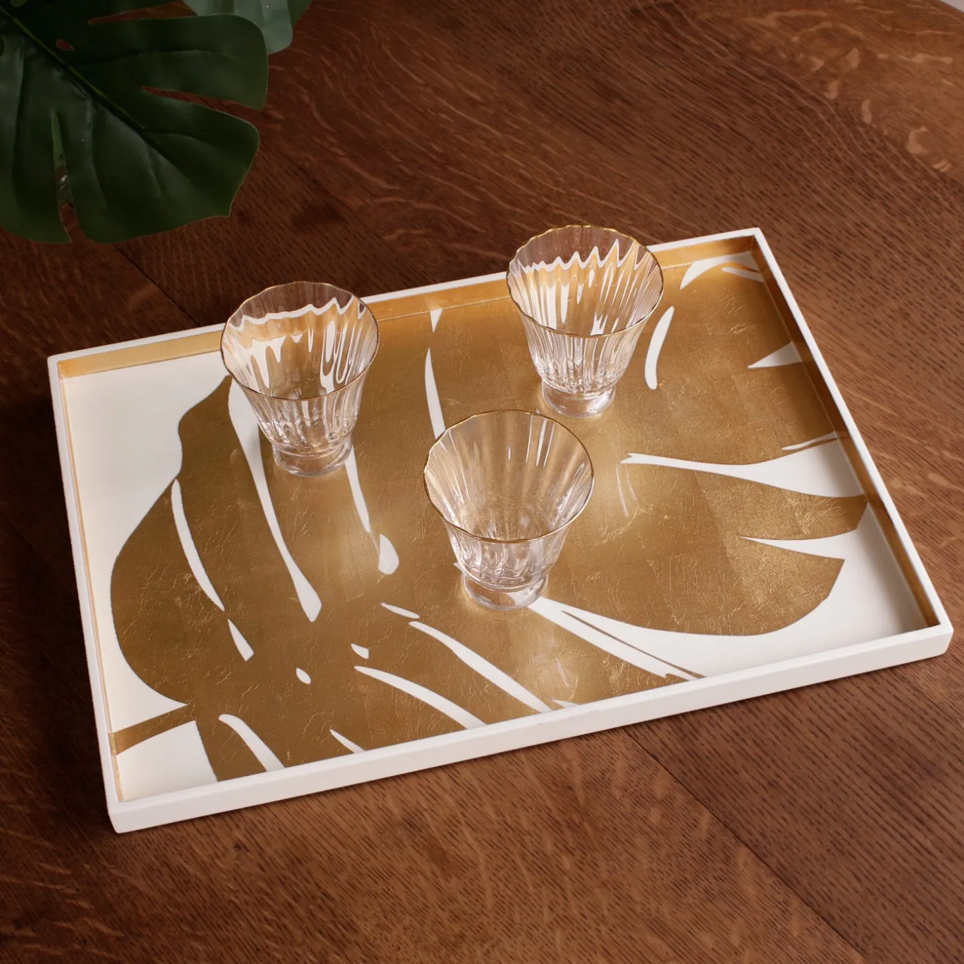 Discount INDOCHINE Large Lacquered PhilodendronTray White and Gold Indochine|Trays