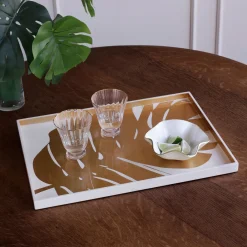 Discount INDOCHINE Large Lacquered PhilodendronTray White and Gold Indochine|Trays