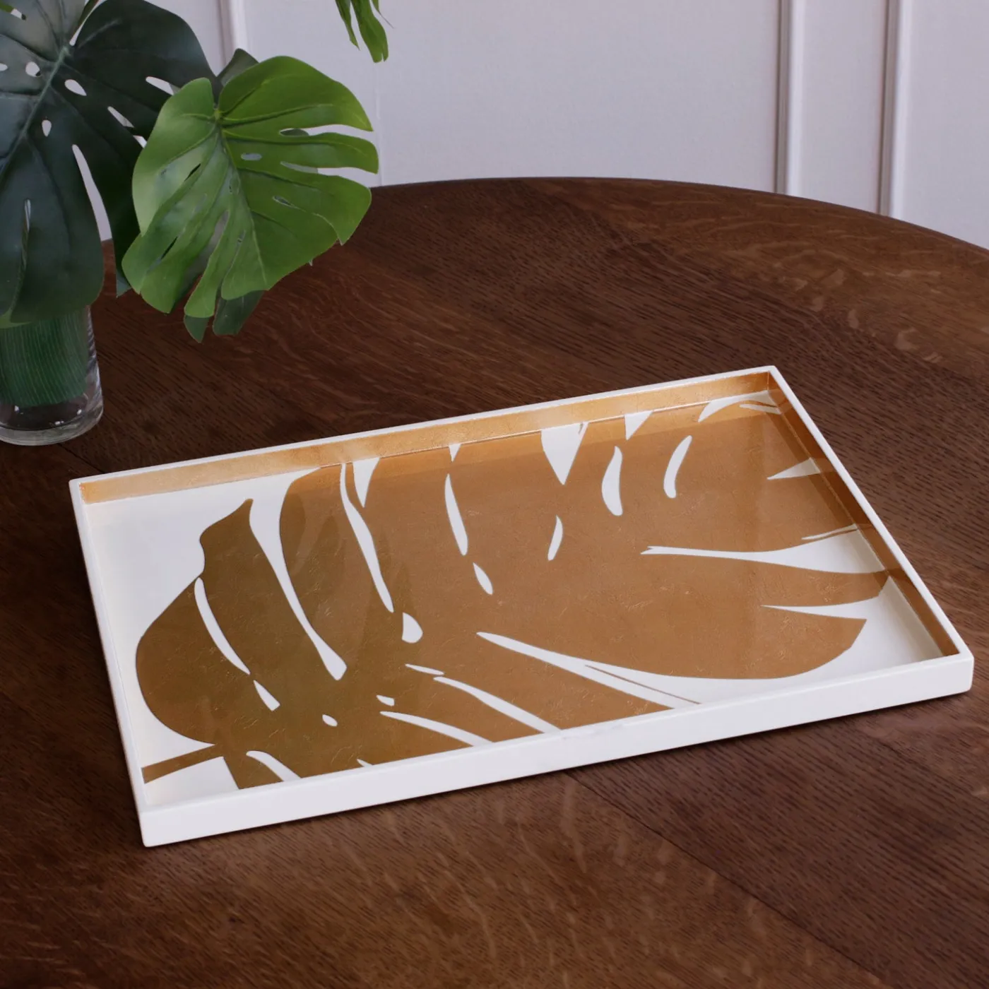 Discount INDOCHINE Large Lacquered PhilodendronTray White and Gold Indochine|Trays
