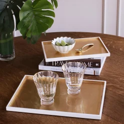 New INDOCHINE Rectangle Lacquered Trays Set of 2 White and Gold Indochine|Trays