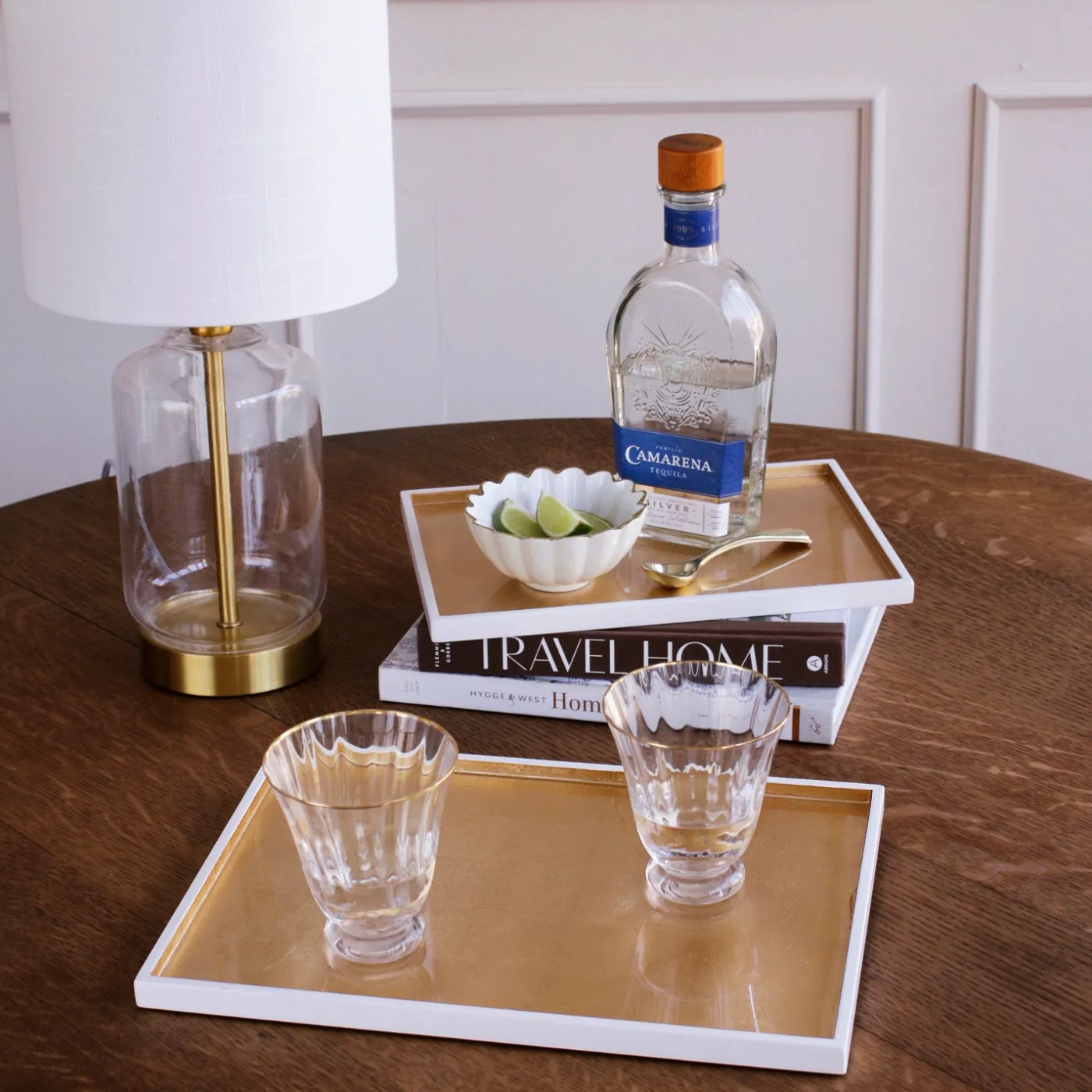 New INDOCHINE Rectangle Lacquered Trays Set of 2 White and Gold Indochine|Trays