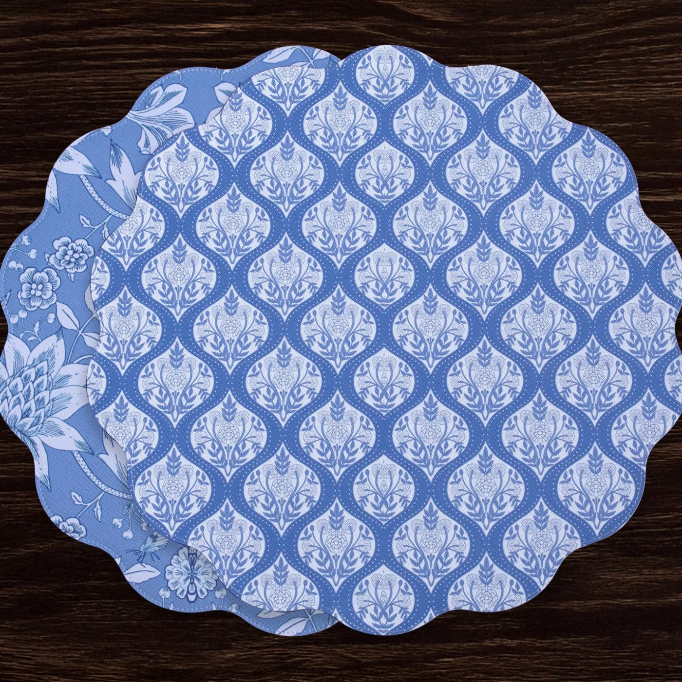 Clearance VIDA Flowers & Pattern Reversible Round Placemats Set of 4 (Blue & Whi View All Vida|Placemats