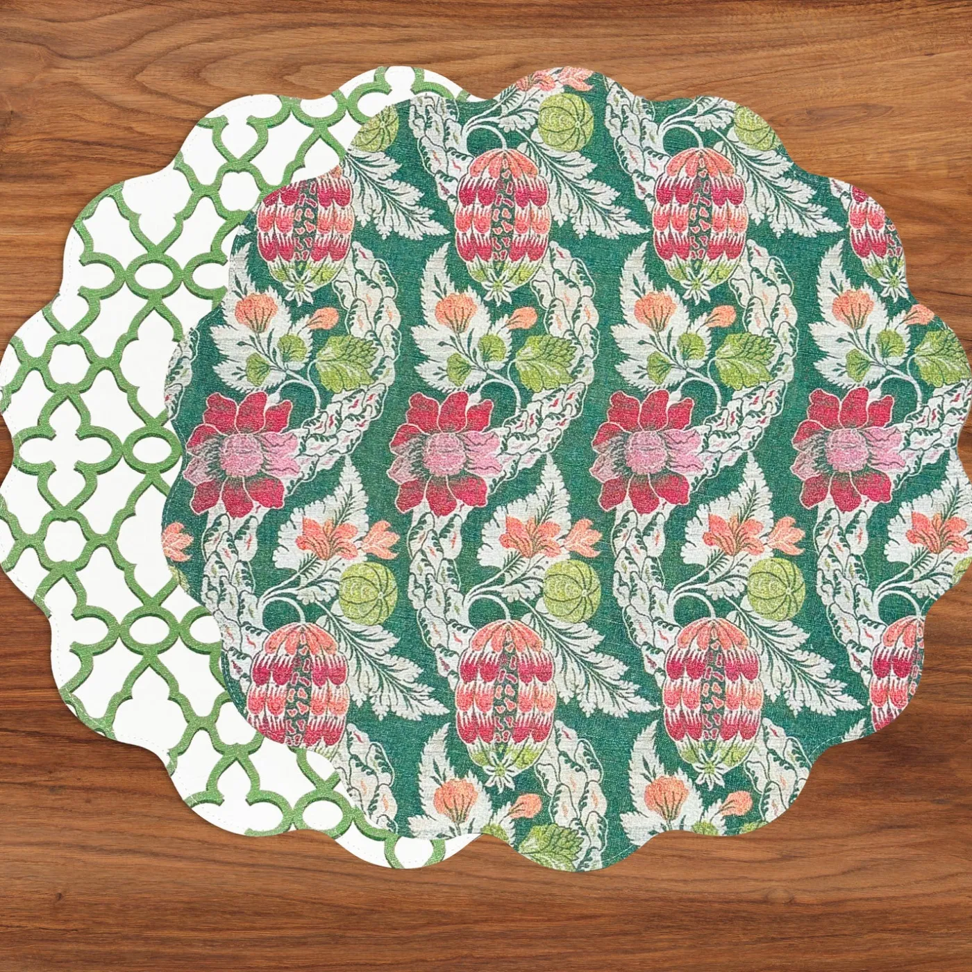 Clearance VIDA Laurent and Trellis Reversible Round Placemats Set of 4 Green & W View All Vida|Placemats