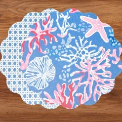 Clearance VIDA Sealife and Rattan Reversible Round Placemats Set of 4 Blue & Pin View All Vida|Placemats